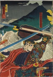 Blatt aus einem Farbholzschnitt-Triptychon mit dem Titel Kawanakajima kassen (Die Schlacht von Kawanakajima), das eine Nahansicht der persönlichen Begegnung der beiden Anführer Uesugi Kenshin (links) und Takeda Shingen zeigt: Japan, Edo