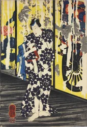 Blatt aus einem Farbholzschnitt-Triptychon mit dem Titel Imayo Teru-uji furudera no kozu, das eine Szene in einem verfallenen Tempel bei Mondlicht mit zerrissenen und abblätternden Fusuma zeigt, mit Teru-uji, der ein Handtuch anbietet