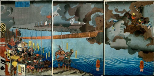 Takeda Shingen zerschmettert die Streitkräfte von Suwa Yorishige (Takeda Shingen Suwa Yorishige no jinchū o uchi-kuzusu zu), ca. 1850-51