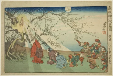 Der Stern steigt auf Echi in der dreizehnten Nacht des neunten Monats, aus der Serie "Kurze illustrierte Biografie des großen Priesters [Nichiren]"