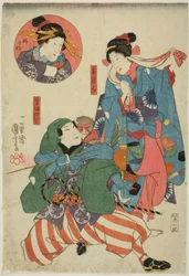 Die Schauspieler Bando Shuka I als Teepflücker (Chatsumi), Ichimura Uzaemon XII als Affentrainer (Sarumawashi) und Onoe Kikugoro II als Umegae (Einsatz)
