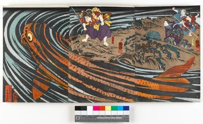 Triptychon, das Oniwaka-maru (den zukünftigen Musashibo Benkei) zeigt, wie er den riesigen Karpfen angreift, der seine Mutter verschlungen hat, ca. 1845
