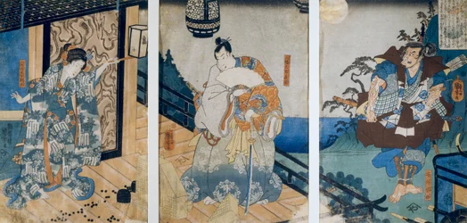 Triptychon mit den Abenteuern von Coxinga/Watonai von Hachiman Taro Yoshiie