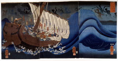 Yoshitsune Minamoto wird von den Geistern der getöteten Feinde angegriffen. Gemälde von Utagawa Kuniyoshi, frühes 19. Jahrhundert