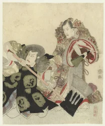 Ichikawa Danjūrō VII als Yoshimune no Munesada mit Fächer und Ichikawa Omezō in der Rolle von Sekibei mit Axt