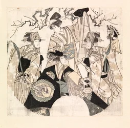 Schauspieler, die den Bühnentanz der vier Onnagatas aufführen, ca. 1800-05 (Farbholzschnitt)