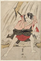 Kataoka Nizaemon VII und Ichikawa Yaozo III in einer Konfrontation neben einem Wasserfall