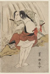 Kataoka Nizaemon VII und Ichikawa Yaozo III in einer Konfrontation neben einem Wasserfall