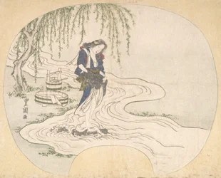 Eine Frau steht auf einem Felsen in einem Bach und wäscht Kleidung, ca. 1828