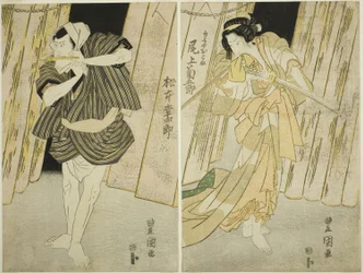 Die Schauspieler Onoe Kikugoro III (rechts) als Shirokiya Okoma und Matsumoto Koshiro V (links) als ihr Liebhaber Saiza
