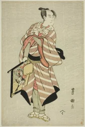 Der Schauspieler Sawamura Sojuro III als Packpferd-Mann Muchizo im Stück "Miyamairi Musubi no Kamigaki," aufgeführt im Kiri-Theater im elften Monat, 1797