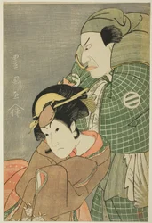 Die Schauspieler Kataoka Nizaemon VII als Iyo no Taro und Iwai Hanshiro IV als Kojoro-gitsune von Okazaki im Stück "Seiwa Nidai Oyose Genji," aufgeführt im Miyako Theater im elften Monat, 1796
