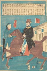 Ein Amerikaner zu Pferd und ein Chinese mit einem geschlossenen Regenschirm