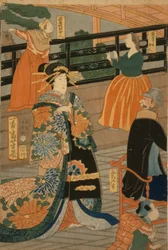 Besucher aus mehreren Nationen vergnügen sich bei einem Fest im Fächerzimmer des Gankirō, 1860