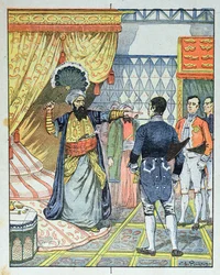 Der Dey von Algier, Hussein ibn El Hussein, schlägt den französischen Botschafter M. Deval mit einem Fächer, 27. April 1827, Umschlag eines Schulbuchs, 1891