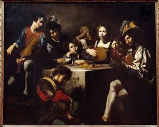 Das Konzert im Flachrelief. Musiker versammelt um einen skulptierten Altar. Gemälde von Valentin de Boulogne (1591-1632)