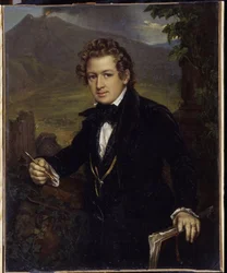 Porträt des Malers Karl Pawlowitsch Brjullow (1799-1852). Dargestellt vor einem Vulkan, der Maler hält einen Bleistift und sein Zeichenbrett.