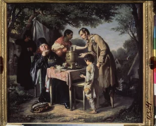 Tee trinken in Mytichtchi, nahe Moskau. (Orthodoxe Mönche trinken Tee in einem Garten, ein Krüppel und ein armes Kind betteln, zurückgewiesen von einer Dienerin). Gemälde von Vasili Grigorievich Perov (1834-1882)