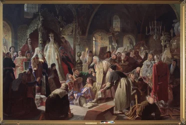 Der altgläubige Pope Nikita Pustoswiat debattiert mit dem Patriarchen von Moskau, Joachim, über den Glauben in Anwesenheit der Regentin Sophia Alexejewna Romanowa