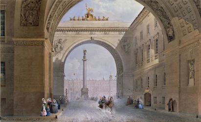 Der Bogen des Generalstabsgebäudes in Sankt Petersburg. Werk von Vasily Semyonovich Sadovnikov (1800-1879), Aquarell auf Papier, um 1830. Russische Kunst des 19. Jahrhunderts. Staatliche Eremitage, Sankt Petersburg