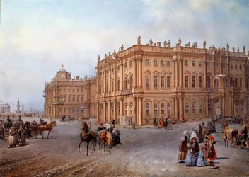 Ansicht des Winterpalastes in Sankt Petersburg im Jahr 1843. Lithographie von Vasily Sodovnikof (oder Sadovnikov)