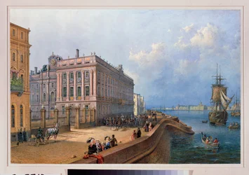 Ansicht des Ufers der Newa und des Marmorpalastes in Sankt Petersburg. Werk von Vasily Semyonovich Sadovnikov (1800-1879), Aquarell auf Papier