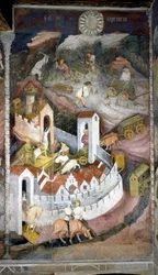 Dezember: Die Holzfäller sammeln das Holz und bringen es in die Stadt Trient, wo die Mauer und das Schloss Buonconsiglio dargestellt sind. Gemälde des Meisters der Monate oder Meister Wenzel (Anfang des 15. Jahrhunderts)