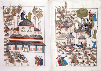 Ein Brand in Konstantinopel im Jahr 1660. Miniatur aus „Türkische Denkmäler“ (Codex Cicogna 1971 „Memorie Turchesche“) Aquarell aus der venezianischen Schule des 17. Jahrhunderts