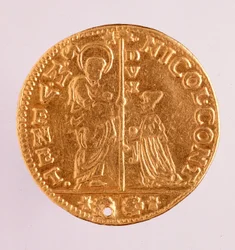 Goldmünze (Zecchino oder Zechine) der Republik Venedig: Regierungszeit des Dogen Nicolò Contarini (1630-1631). Durchmesser: 3,4 cm. Rom, Museo Nazionale delle Terme