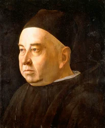 Porträt eines Geistlichen als Brustbild, in schwarzem Mantel und mit schwarzer Kappe, um 1490