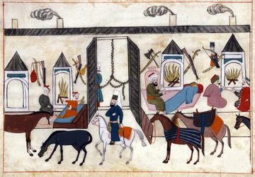 Ansicht des Inneren einer Karawane in der Türkei unter dem Osmanischen Reich. Miniatur aus „Türkische Denkmäler“ (Codex Cicogna 1971 „Memorie Turchesche“) Aquarell aus der venezianischen Schule des 17. Jahrhunderts