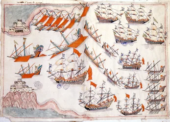 Krieg zwischen Venedig und dem Osmanischen Reich: Schlacht der Dardanellen, die den Sieg des venezianischen Kapitäns Lorenzo Marcello im Jahr 1655 sah (Aquarell)