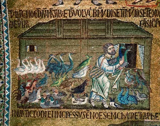 Byzantinische Architektur: „Noah bringt die Tiere in die Arche vor der Sintflut“ Mosaik von venezianischen Künstlern, 13. Jahrhundert, Basilika San Marco, Venedig