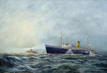 Ein Pfadfinder (Zweisitzer-Motorboot), verlässt ein Flugzeug vor dem Leuchtturmschiff vor Harwich (England)