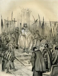 Krönung von Hugo Capet (941-996) in Noyon im Jahr 987. Diese Krönung markierte den Beginn der Dynastie der Kapetinger, Könige von Frankreich, die 8 Jahre lang in direkter oder indirekter Erbfolge wiedergewannen. Stich von Victor Adam (1801-1866) in dem