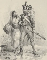 Soldat mit einer Frau am Arm und einem Kind auf dem Rücken, Mitte des 19. Jahrhunderts