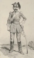 Stehender Soldat mit der Hand am Helm seines Schwertes, Mitte des 19. Jahrhunderts
