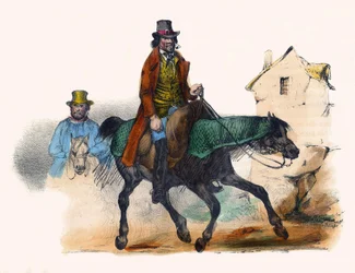 Der Rindfleischhändler trabt und berechnet seinen Gewinn. In „Album Grotesque, Auswahl bemerkenswerter Typen“, Illustrationen von Victor Adam, Paris, um 1850.