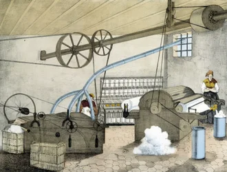 Mechanisches Spinnen - Litho von Janson. 19. Jahrhundert.