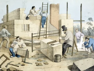 Der Maurer, der Schneider und der Steinsäger. Lithografie von Janson. 19. Jahrhundert.