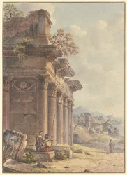 Architektonisches Capriccio: Ruinen einer Tempelfassade, im Hintergrund Landschaft mit Gebäuden und Seebucht