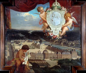 Der Louvre von Napoleon III. „Ansicht des Palais du Louvre und das Porträt von Napoleon III. im Medaillon“
