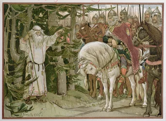 Prinz Oleg (gest. ca. 912) trifft den Wahrsager, der prophezeit, dass sein Pferd die Ursache seines Todes sein wird, Illustration aus 