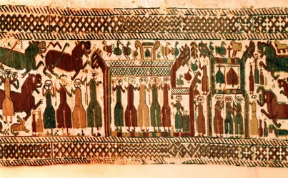 Wikinger: Sänger und Glockenläuter. Wandteppich der Kirche von Skog, Schweden, Ende des 12. Jahrhunderts. Stockholm, Historiska Museet