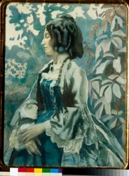 Porträt einer Frau, die Augen geschlossen, nachdenklich, in einem Kleid mit Reifrock