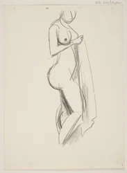 Stehende nackte Frau, Profil nach rechts, Draperie in der Hand