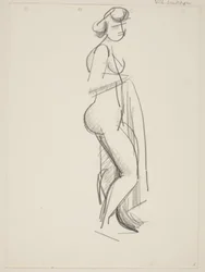 Stehende nackte Frau, Profil nach rechts, Draperie in der Hand