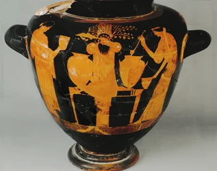 Dionysos-Festival, zwei weibliche Akolythen, Dionysos in der Mitte