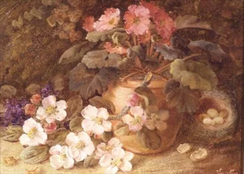 Stillleben mit Apfelblüten, Primeln und Vogelnest