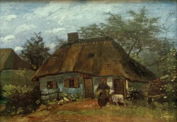 Bauernhaus und Frau mit Ziege